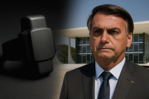 Ilustração jornalística que mostra Jair Bolsonaro em frente ao prédio do STF e, à esquerda, uma tornozeleira eletrônica sobre superfície escura; imagem gerada por inteligência artificial.