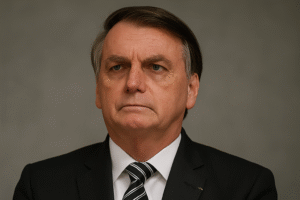 Retrato do ex-presidente Jair Bolsonaro com expressão séria, vestindo terno escuro, camisa branca e gravata listrada; imagem gerada por inteligência artificial para fins jornalísticos.