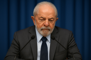 Presidente Lula durante coletiva de imprensa, sentado à mesa com microfones à frente. Imagem gerada por inteligência artificial para fins jornalísticos e informativos.