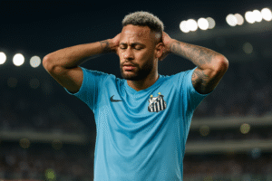 Neymar com as mãos na cabeça em gesto de frustração durante partida noturna, usando o uniforme azul-claro do Santos; imagem gerada por inteligência artificial para fins jornalísticos.