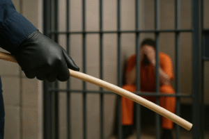 Mão com luva preta segura uma vara de cana reta em frente a grades de prisão, com pessoa ao fundo desfocada — imagem gerada por inteligência artificial para fins jornalísticos.