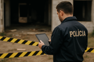 Agente de polícia investiga galpão interditado com faixas amarelas e pretas, segurando um tablet; imagem gerada por inteligência artificial para fins jornalísticos.