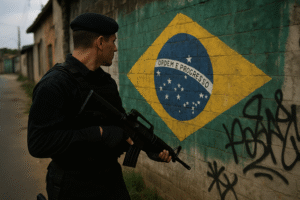 Imagem gerada por inteligência artificial mostra um agente de elite da polícia, de costas, diante de um muro com grafite e a bandeira do Brasil pintada de forma rudimentar.