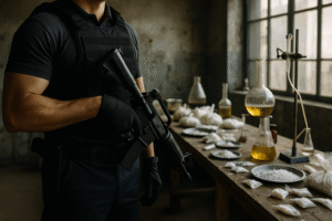 Imagem ilustrativa de operação policial em ambiente de laboratório clandestino, com agente fardado e materiais químicos, gerada por inteligência artificial para fins jornalísticos.
