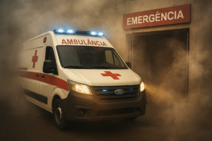 Ambulância brasileira saindo às pressas de uma porta de emergência com fumaça ao redor, em composição fotográfica gerada por IA para fins jornalísticos.