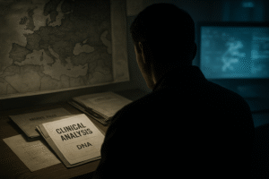 Silhueta masculina analisando documentos antigos e arquivos de DNA sobre uma mesa, com mapa histórico e monitor moderno ao fundo, em imagem conceitual gerada por IA.