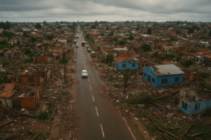 Vista aérea de Rio Bonito do Iguaçu, no Paraná, após a passagem de um ciclone, mostrando ruas e construções parcialmente destruídas sob céu nublado, imagem gerada por inteligência artificial para fins jornalísticos.