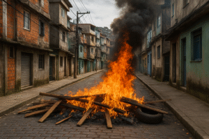 Barricada em chamas bloqueando uma viela no Complexo do Alemão, em imagem ilustrativa gerada por inteligência artificial.
