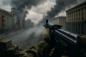 Cena realista de guerra em Kiev, vista em primeira pessoa, com uma mão segurando um fuzil levemente desgastado diante de prédios danificados e fumaça leve ao fundo. Imagem gerada por inteligência artificial para fins jornalísticos.