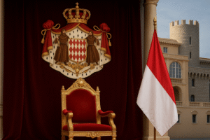 Trono dourado com estofado vermelho diante de cortina com brasão de Mônaco e bandeira do principado ao lado, com fachada palaciana ao fundo.