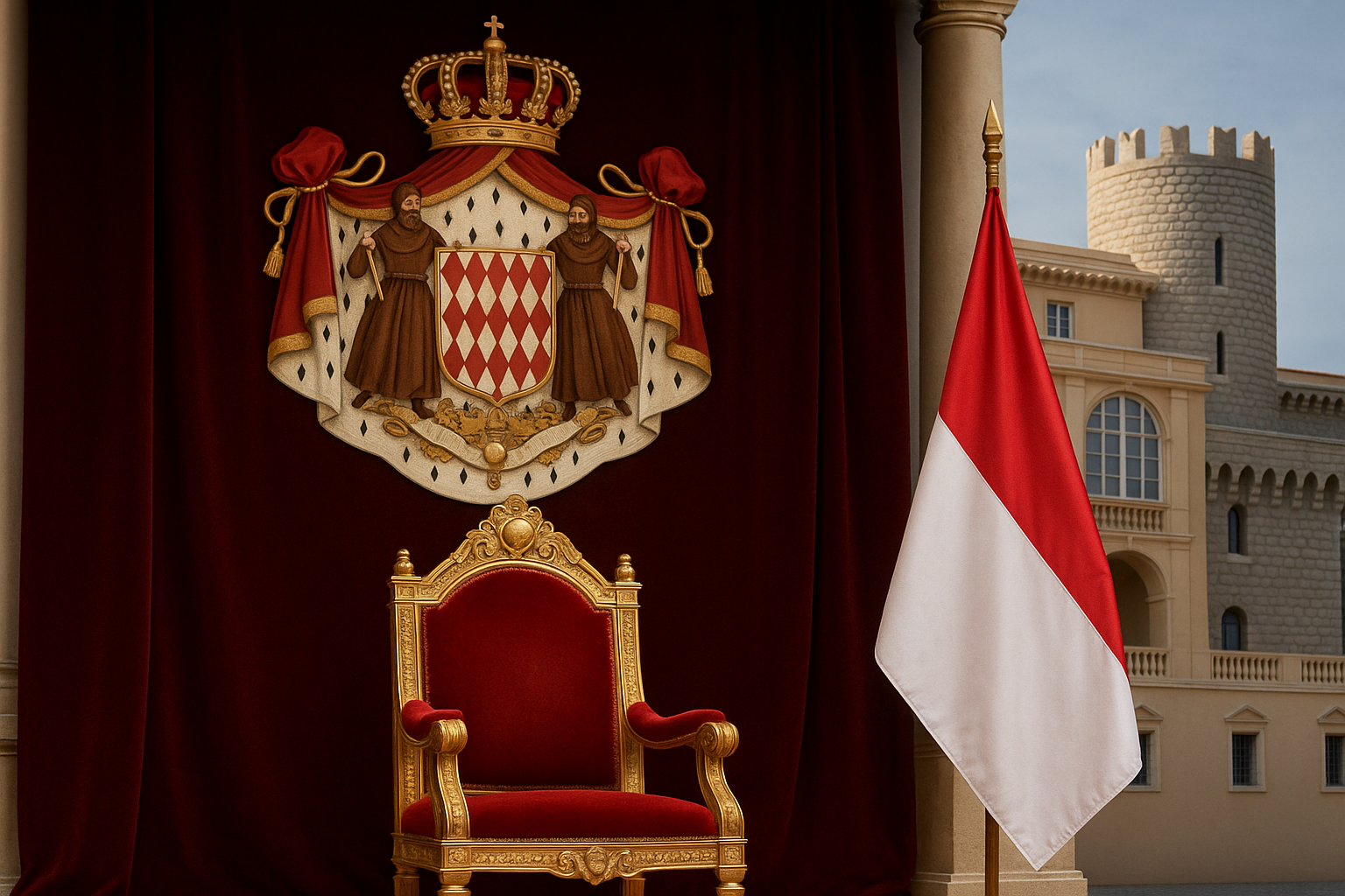 Trono dourado com estofado vermelho diante de cortina com brasão de Mônaco e bandeira do principado ao lado, com fachada palaciana ao fundo.