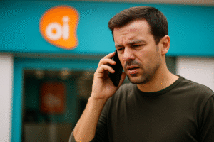 Homem falando ao celular em frente a uma loja da Oi, com expressão de dificuldade para ouvir, diante de fachada turquesa e logotipo laranja desfocado — imagem gerada por inteligência artificial para fins jornalísticos.