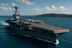 Porta-aviões USS Gerald R. Ford navegando em mar azul, visto em perspectiva semiaérea, próximo a uma costa tropical, em imagem gerada por inteligência artificial.