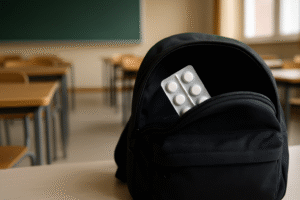 Mochila preta de estudante parcialmente aberta em sala de aula, com cartela de comprimidos parcialmente visível; imagem gerada por inteligência artificial para fins jornalísticos.