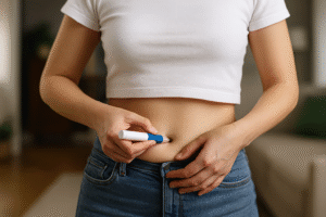Mulher aplicando caneta injetável no abdômen em ambiente doméstico; imagem gerada por inteligência artificial.