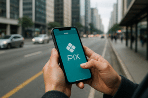 Mãos segurando smartphone com tela exibindo o símbolo do Pix em uma avenida urbana movimentada.