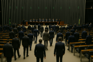 Visão interna semi-aérea da Câmara dos Deputados com parlamentares caminhando pelo plenário; imagem ilustrativa gerada por inteligência artificial.