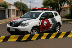 Imagem gerada por inteligência artificial mostra viatura da Polícia Militar de São Paulo isolando uma rua residencial com faixas de perícia amarelas e pretas.