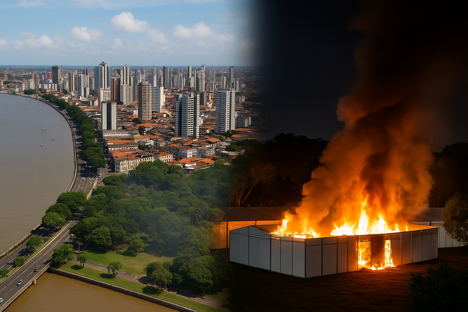 Imagem composta que mostra, à esquerda, vista semiaérea de Belém durante o dia e, à direita, representação noturna de pavilhões em chamas. Arte gerada por inteligência artificial.