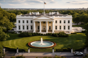 Vista semiaérea da Casa Branca ao entardecer, com jardins e fonte frontal, em imagem ilustrativa gerada por inteligência artificial.