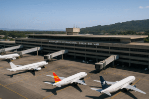 Vista semiaérea ilustrativa do Aeroporto Internacional Simón Bolívar, na Venezuela, com aeronaves estacionadas; imagem gerada por inteligência artificial.