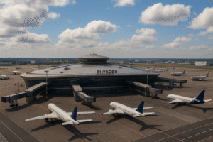 Vista semiaérea ilustrativa do Aeroporto de Vnukovo, com aeronaves estacionadas no pátio, gerada por inteligência artificial.