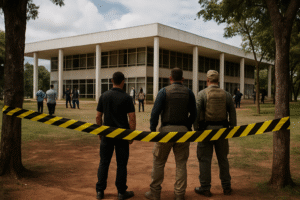Agentes e área isolada com faixa preta e amarela em frente a prédio público, em imagem gerada por inteligência artificial.