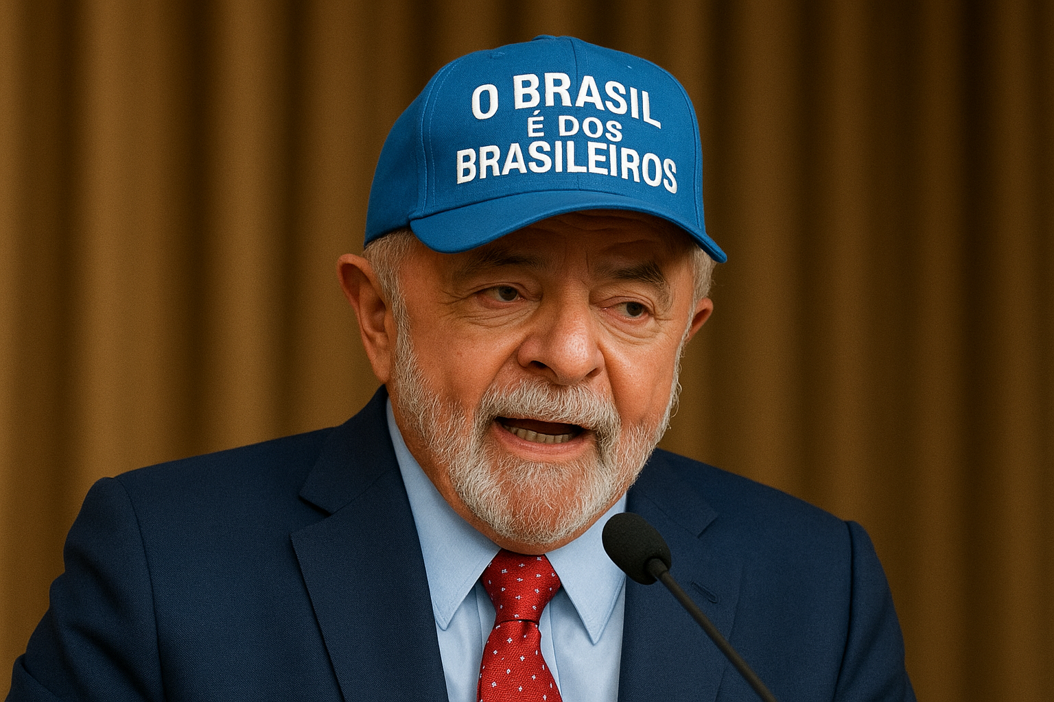 Presidente Luiz Inácio Lula da Silva durante discurso político, usando boné azul com a frase “O Brasil é dos brasileiros”. Imagem gerada por inteligência artificial.