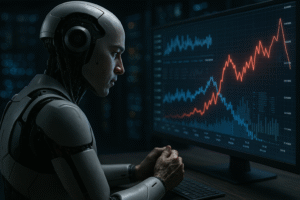 Ilustração conceitual de um robô analisando gráficos digitais; imagem gerada por inteligência artificial.