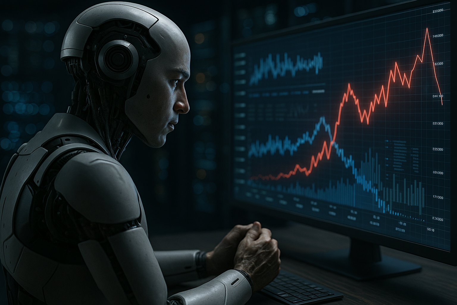 Ilustração conceitual de um robô analisando gráficos digitais; imagem gerada por inteligência artificial.