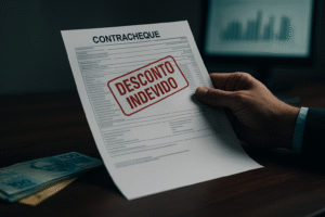 Contracheque genérico com carimbo vermelho “DESCONTO INDEVIDO” segurado por uma mão anônima sobre mesa de escritório, ao lado de cédulas de real, em composição jornalística gerada por IA.