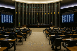 Vista interna do plenário da Câmara dos Deputados durante sessão, com cadeiras dispostas em formato semicircular e painel eletrônico ao fundo. Imagem gerada por inteligência artificial.