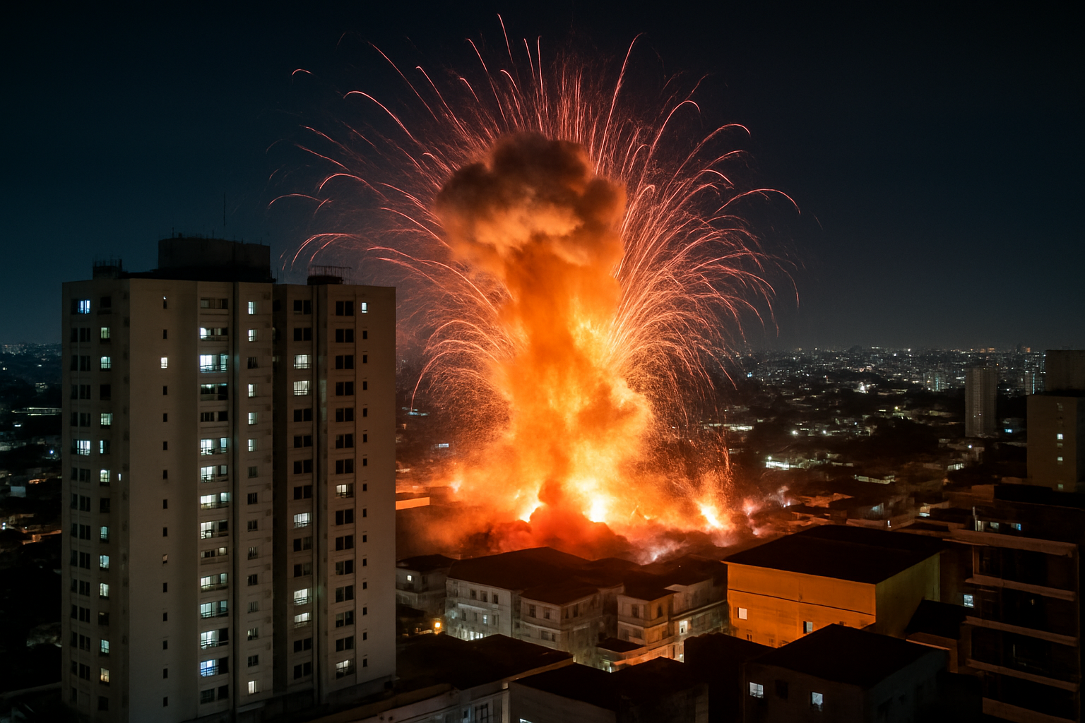 Explosão noturna em área urbana do Tatuapé representada por inteligência artificial, com prédios residenciais em primeiro plano e clarão intenso ao fundo.