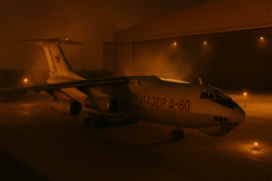 Aeronave militar russa Laser A-60 estacionada em base aérea durante a noite, sob iluminação quente, imagem gerada por inteligência artificial.