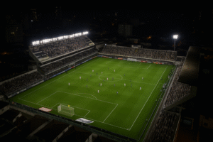 Vista aérea noturna da Vila Belmiro com jogadores de Santos e Palmeiras em campo; imagem gerada por inteligência artificial para fins jornalísticos.