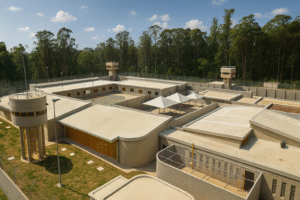 Vista semiaérea ilustrativa de um complexo penitenciário moderno; imagem gerada por inteligência artificial.