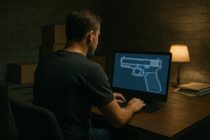 Homem de costas, sentado em escritório de aparência clandestina, olhando para tela de computador que exibe ilustração esquemática de pistola; imagem gerada por IA para uso jornalístico.