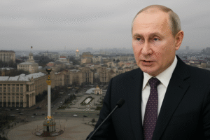 Vista semiaérea do centro de Kiev em dia nublado, com Vladimir Putin sobreposto no canto direito durante um discurso; imagem gerada por inteligência artificial para fins jornalísticos.