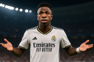 Vinícius Júnior, jogador do Real Madrid, aparece de frente com expressão de expectativa e braços semi-abertos, usando o uniforme branco oficial da temporada 2025-26, em um estádio iluminado à noite; imagem gerada por inteligência artificial para fins jornalísticos.