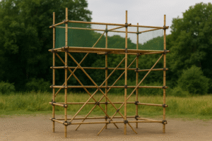 Andaime de bambu montado em área aberta, usado como demonstração conceitual, em imagem gerada por inteligência artificial.