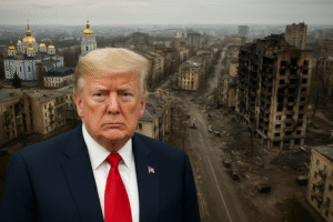 Montagem ilustrativa que combina vista semiaérea de Kiev com vestígios de ataque e o busto de Donald Trump. Imagem gerada por inteligência artificial.