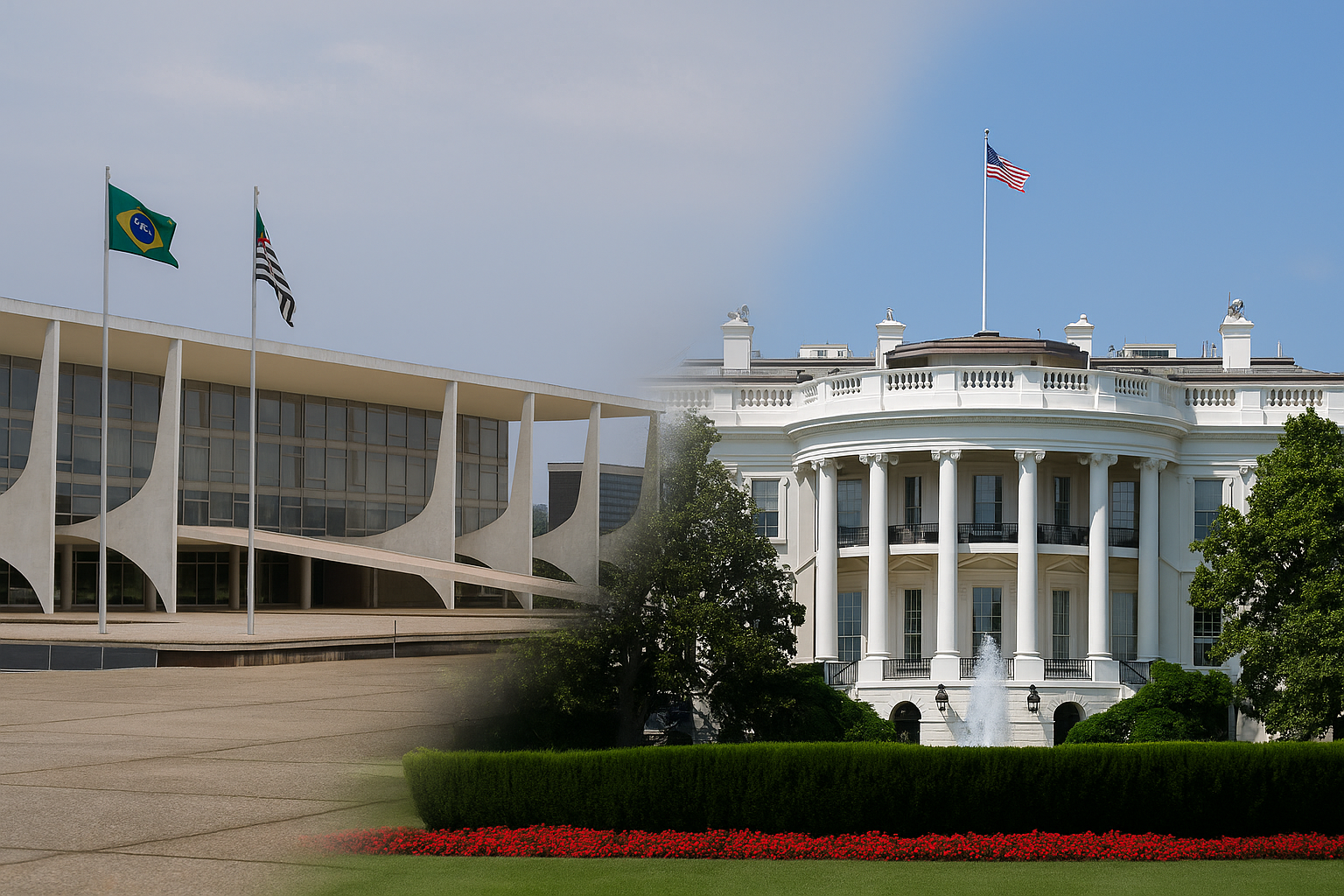 Montagem do Palácio do Planalto e da Casa Branca com transição em blend, em imagem jornalística gerada por inteligência artificial.