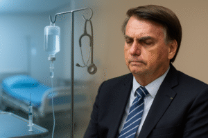 Imagem ilustrativa gerada por IA mostrando Jair Bolsonaro sentado à direita e, à esquerda, um ambiente hospitalar com equipamentos médicos, unidos por um blend sombreado.