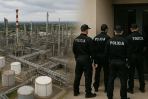 Refinaria vista de cima ao lado de agentes policiais de costas em entrada industrial, em imagem gerada por inteligência artificial.