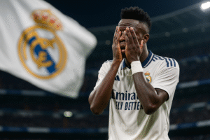 Montagem fotográfica ultra-realista mostra o jogador Vini Jr., com uniforme do Real Madrid, em gesto de frustração dentro de estádio, criada por inteligência artificial para fins jornalísticos