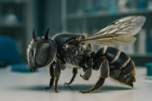 Imagem gerada por inteligência artificial mostra uma abelha com pequenas projeções semelhantes a chifres, inspirada fielmente na espécie recentemente descoberta na Austrália.