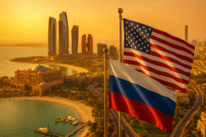 Bandeiras dos Estados Unidos e da Rússia em mastros diante de Abu Dhabi ao pôr do sol, em montagem ultrarrealista.