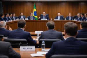 Imagem ilustrativa gerada por inteligência artificial mostra sessão de CPMI em ambiente institucional, com parlamentares reunidos em mesa de comissão no Congresso Nacional.