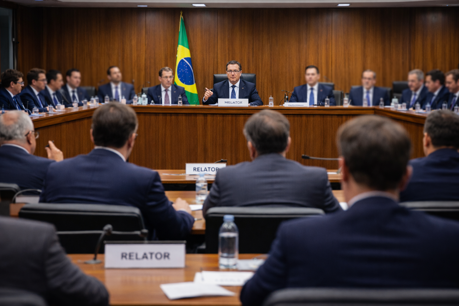 Imagem ilustrativa gerada por inteligência artificial mostra sessão de CPMI em ambiente institucional, com parlamentares reunidos em mesa de comissão no Congresso Nacional.