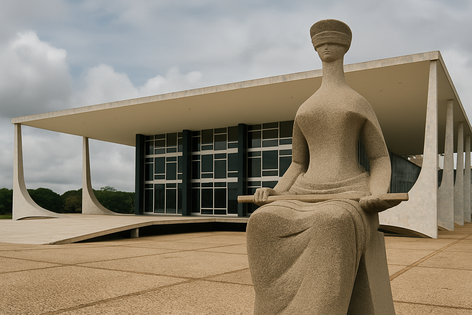 Estátua da Justiça em frente ao prédio do Supremo Tribunal Federal, em Brasília, em dia parcialmente nublado, em ilustração ultrarrealista gerada por inteligência artificial.